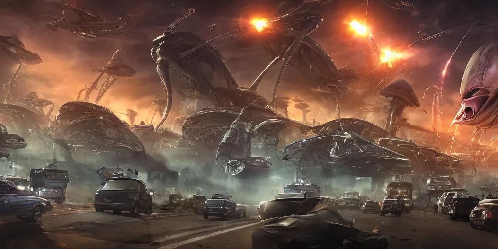 Image similar to an alien invasion stopped as the aliens are caught in a traffic jam, telltale style, realistic 4k octane beautifully detailed render, 4k post-processing, highly detailed, intricate complexity, epic composition, magical atmosphere, cinematic lighting, masterpiece, ultra hd