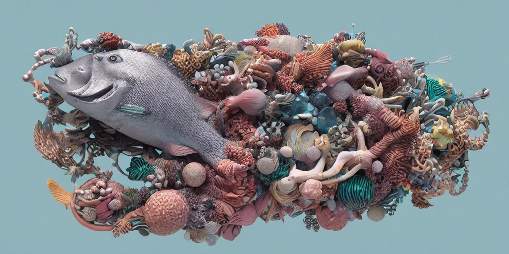 Image similar to a sculpture of ocean fish intertwined, a lovely cornucopia of flowers and human body parts, body parts, highly detailed, octane render, cinematic ， - h 7 6 8