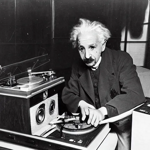 Image similar to photo of Albert Einstein DJing a record player, vintage, highly detailed facial features