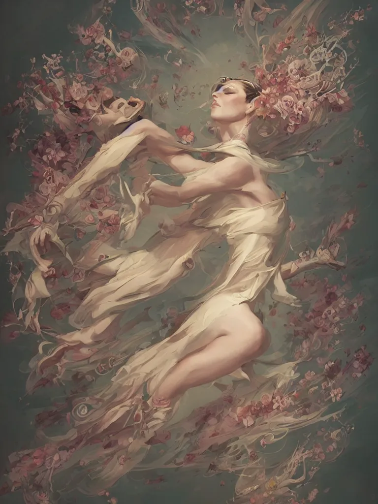 Image similar to a portrait of a flying body covered in flowers in a dynamic pose, in the style of peter mohrbacher, highly detailed, soft lighting, art nouveau patterns, trending on artstation