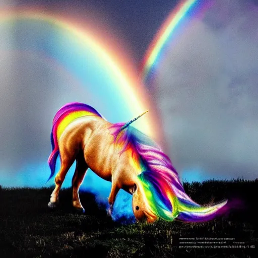 Image similar to photograpy of a real unicorn farting rainbows, fine art