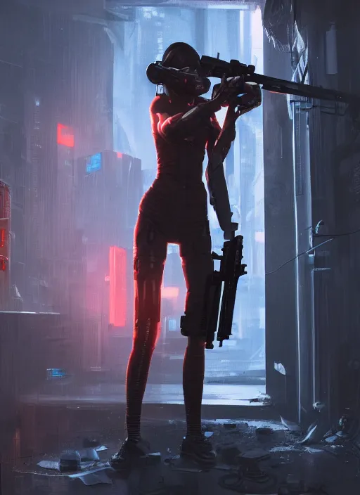 Prompt: a woman holding a gun in a dark room, cyberpunk art by eddie mendoza, cgsociety contest winner, shock art, playstation 5 screenshot, redshift, greeble