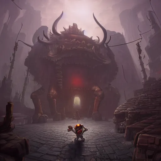 Image similar to The Minotaur End-boss by Tyler Edlin and Raphael Lacoste, fantasy art, maze corridors in the background, wide angle, cinematic composition, dark moody lighting