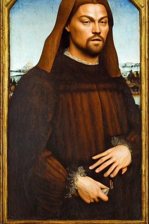 Image similar to 1 4 0 0 s renaissance portrait of leonardo dicaprio oil painting by jan van eyck, northern renaissance art, oil on canvas, wet - on - wet technique, realistic, expressive emotions, intricate textures, illusionistic detail