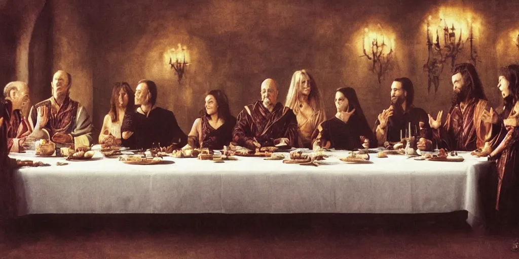 Prompt: The cast of Babylon 5 sitting at a table in the style of the Last Supper.