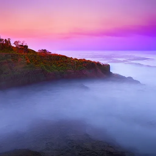 Image similar to cliff landscape with violet water, 8 k, moody, intense color, fog, sunset light, highly detailed, dream landscape, wide, high color saturation,
