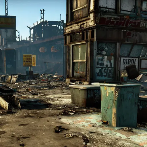 Prompt: Venice Beach in ruins post-nuclear war in Fallout 4, in game screenshot