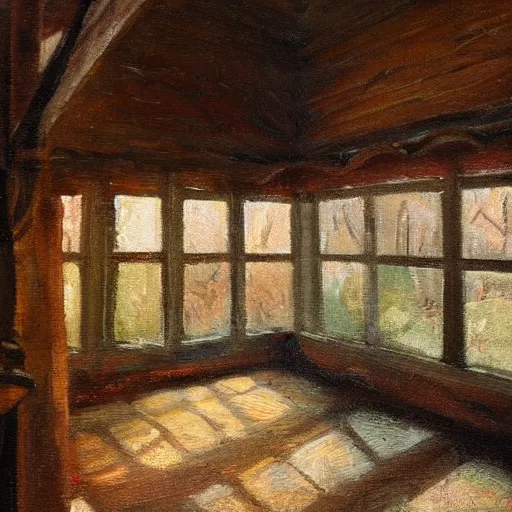 Prompt: oil painting of mostly empty cottage interior, one small window with sunlight shining onto the floor. artistic. cozy. wooden floor. rustic. solace.