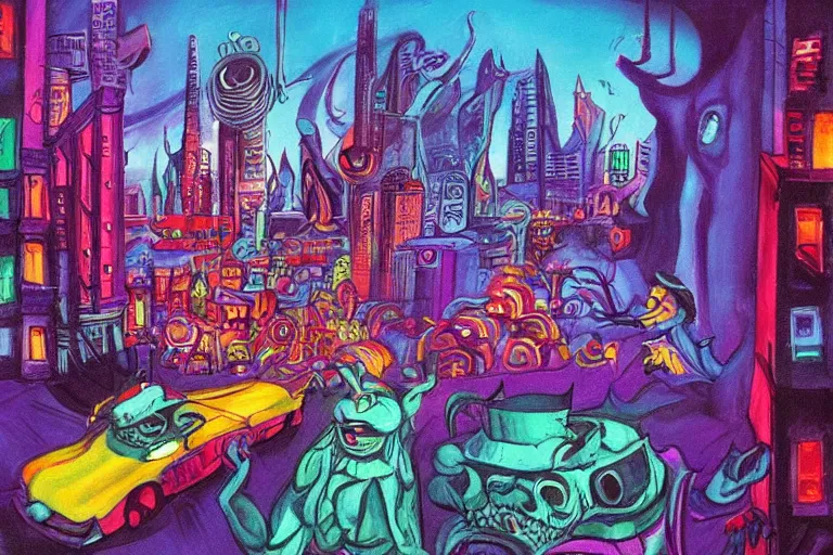 Image similar to surreal colorful nightmarish cityscape, artwork by Ralph Bakshi