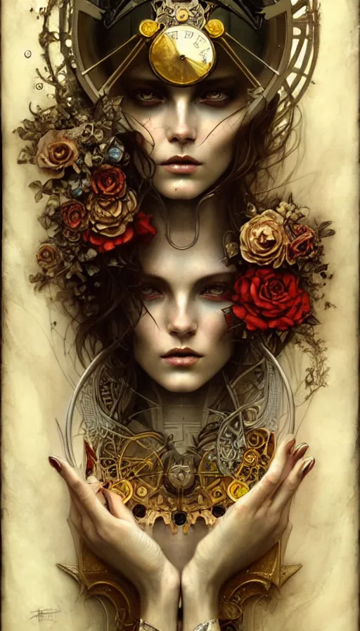 Image similar to timemachine schematics painted by tom bagshaw, mobius, mucha M. C. Escher, gold paint, ink, gnarly details