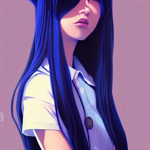 Image similar to urban high school girl in shirt fanart, dark blue long hair, muted colors, matte print, pastel colors, ornate, digital art, digital painting, fan art, elegant, artstation, by Ilya Kuvshinov