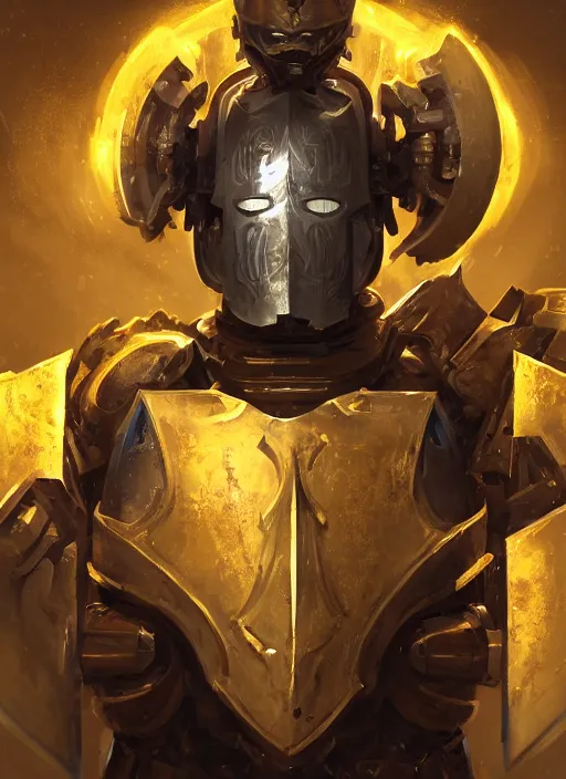 Prompt: dynamic attack position abstract portrait of a intricate glorious holy mechanical warforged character in yellow armor holding a paladin engraved great longsword drawn and carrying a big paladin shield, floodlight in middle of face , face in focus, epic , trending on ArtStation, masterpiece, cinematic lighting, by Ross Tran and by Greg Rutkowski