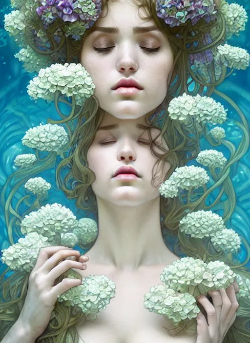 Image similar to an underwater photographic portrait of a seductive sleeping anthropomorphic hydrangea blossom, a perfect face!!!, fantasy, art nouveau, intricate, elegant, very very highly detailed, digital painting, artstation, concept art, smooth, super sharp focus, illustration, art by artgerm and h r giger and alphonse mucha