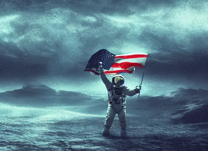 Image similar to astronaut holding a flag in an underwater desert. a submarine is visible in the distance. dark, concept art, cinematic, dramatic, atmospheric, 8 k, trending on artstation, blue, fish, low visibility, fog, ocean floor, christopher nolan, interstellar