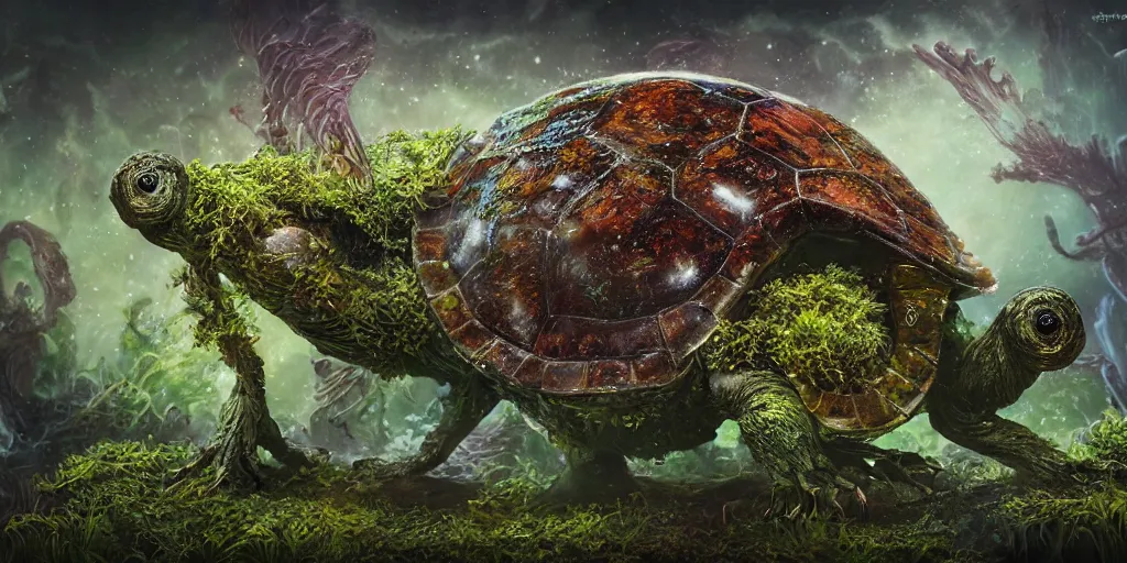 Prompt: a bird turtle mushroom jelly tractor hybrid creature monster with metal scales feathers fur moss spines knobs, rich diverse lush alien world, fantasy, science fiction, dramatic lighting, in the style of national geographic, hannah yata, ken barthelmey, illustration, octane render