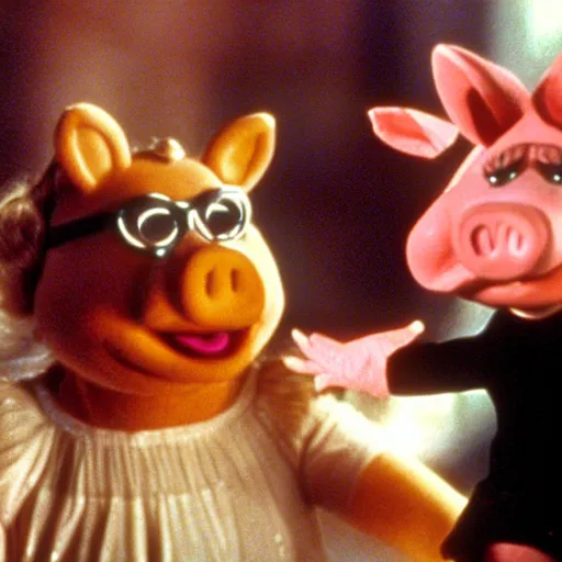 Image similar to movie still of miss piggy starring as trinity in the matrix 1 9 9 9 movie fighting agent smith