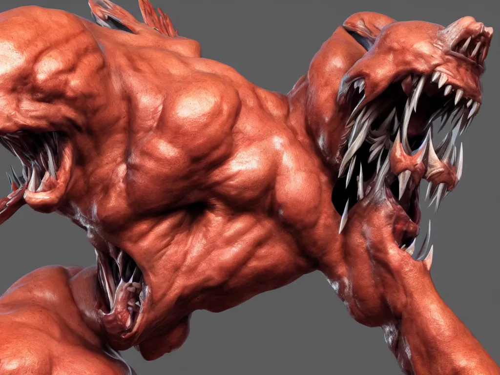 Prompt: game concept art, muscular, shrimp head, sharp teeth, hyperrealism, artstation, cgsociety, zbrush, no background