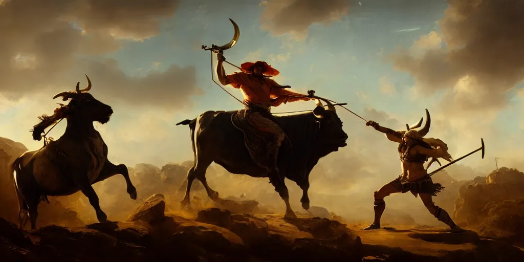 Image similar to don quixote fighting a bull, greek mythology, extremely detailed digital painting, in the style of goya and ruan jia and jeremy lipking and peter mohrbacher, mystical colors, rim light, beautiful lighting, 4 k, stunning scene, raytracing, octane, trending on artstation