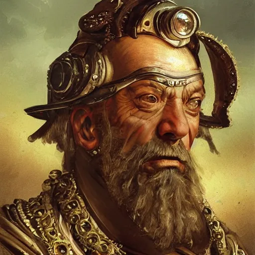 Image similar to portrait, headshot, digital painting, of a old 17th century, old cyborg merchant, amber jewels, baroque, ornate clothing, scifi, realistic, hyperdetailed, chiaroscuro, concept art, art by Franz Hals and Jon Foster