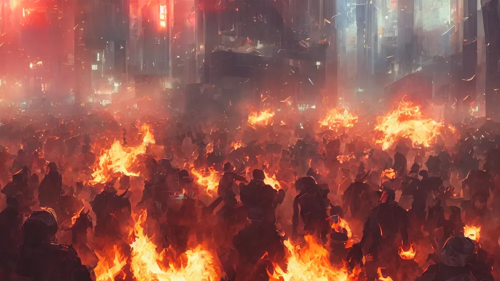 Prompt: protesters holding placards, abstract digital illustration by greg rutkowski, fire, android netrunner, nighttime