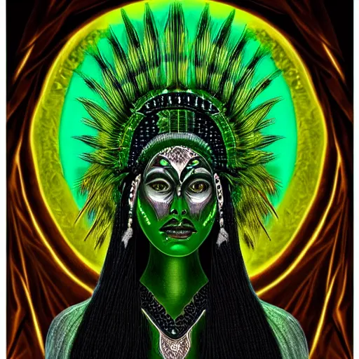 Image similar to professional portrait of a green annunaki woman, creepy, black background, very detailed, very intricate, intimidating,