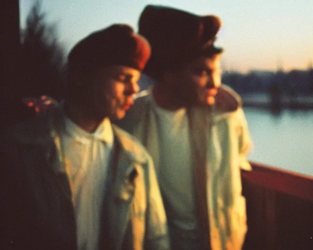 Image similar to lomo photo of pair standing on small hrushevka balcony full with cigarette smoke in small russian town at sunset, cinestill, bokeh