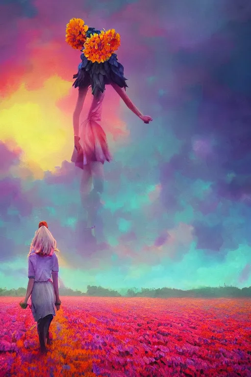 Image similar to giant flower head, girl walking in a flower field, surreal photography, sunrise, dramatic light, impressionist painting, colorful clouds, digital painting, artstation, simon stalenhag