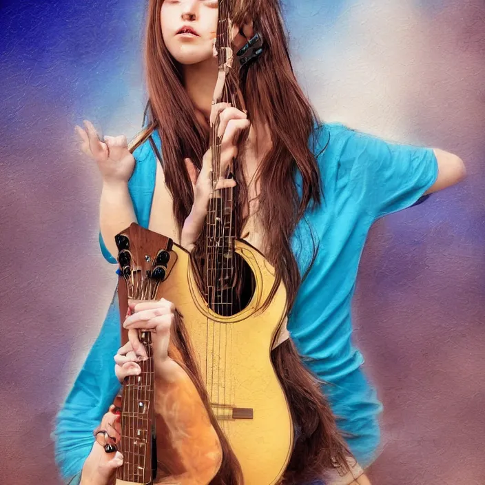 Prompt: a girl with brown and blue hair with a guitar, beautiful digital art