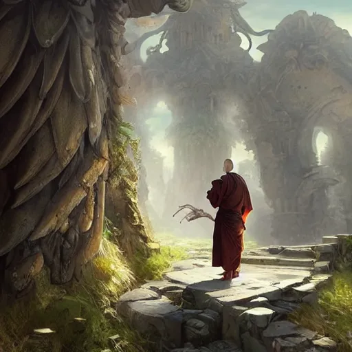 Prompt: male monk, undead emu, ruins landscape, d & d, fantasy, intricate, highly detailed, digital painting, artstation, octane render, concept art, matte, sharp focus, illustration, hearthstone, art by artgerm and greg rutkowski and alphonse mucha