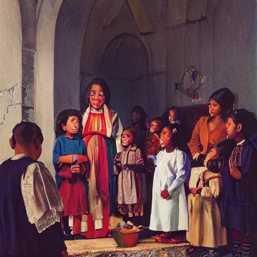 Prompt: ethnically diverse children in a church nativity play, art by normal rockwell