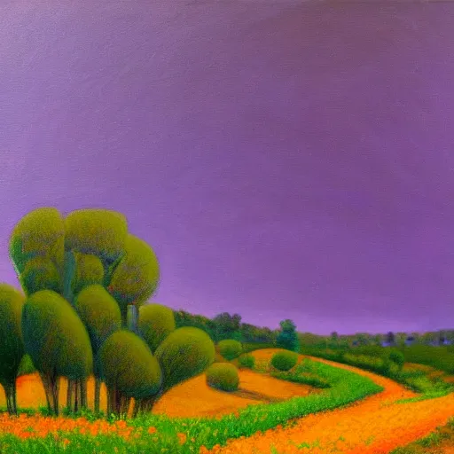 Prompt: a painting of a dirt road surrounded by eucalyptus trees and california golden poppies, violet woodland hill in the distance, violet sunset. an oil painting by magali villenueve, green orange violet triadic color palette, featured on deviantart, australian tonalism, pre - raphaelite, impressionism, detailed painting