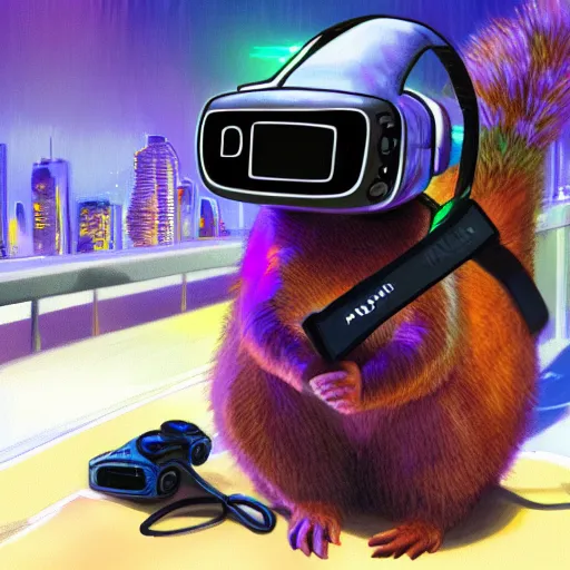 Image similar to a quokka wearing a hmd vr, cyberpunk digital painting