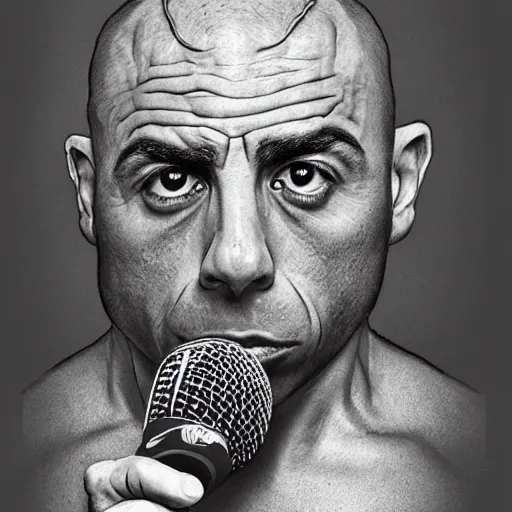 Image similar to Joe Rogan looking like a monkey talking into a microphone, single subject, portrait, intricate, highly detailed, concept art, smooth, sharp focus, pencil art