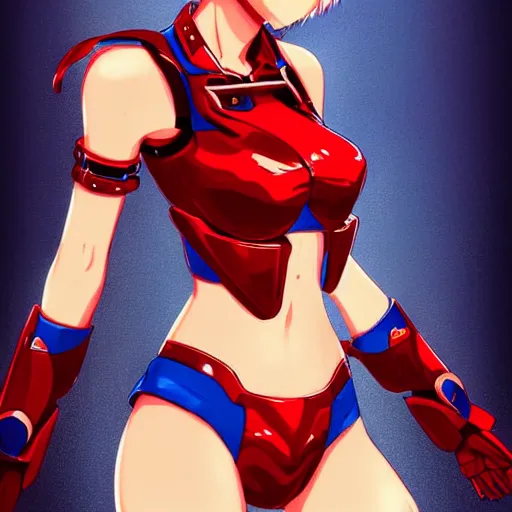 Image similar to digital anime art. full body. cute girl. red mech arms and red mech legs. blue eyes. gold short hair. red bikini. wlop, rossdraws, sakimimichan