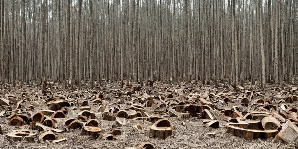 Image similar to photo of a wide clear - cut forest, thick large reedwood tree stumps as far as the eye can see, sad,