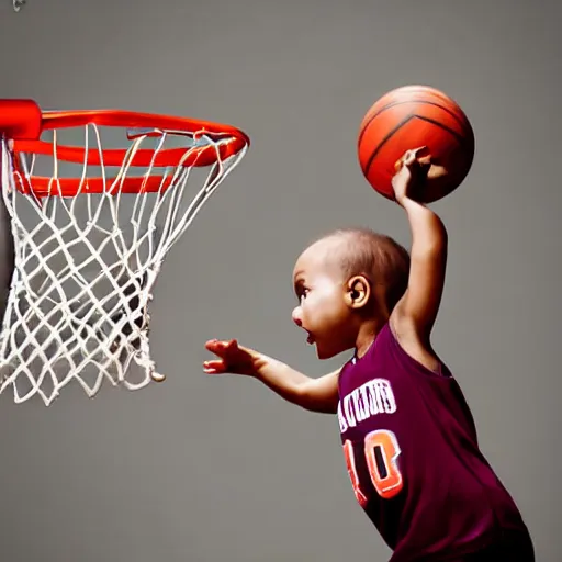 Image similar to a baby dunking a basketball, dramatic action photography, close up, epic shot