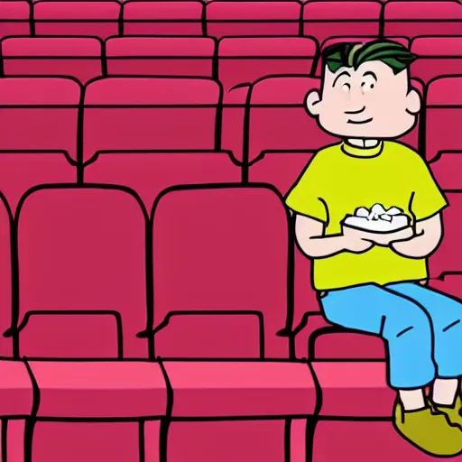 Image similar to a boy sitting alone in a movie theater eating popcorn, in the style of doug, 1 9 9 0 s cartoon,