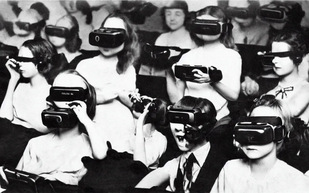 Image similar to 1 9 0 0 s photo of people using iphones ipods virtual reality headsets vr in a movie theater double exposure masterpiece