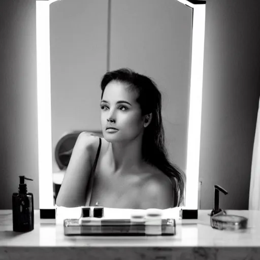 Image similar to a beautiful actress sitting at a vanity in front of a cracked mirror, beautiful face, elegant furniture