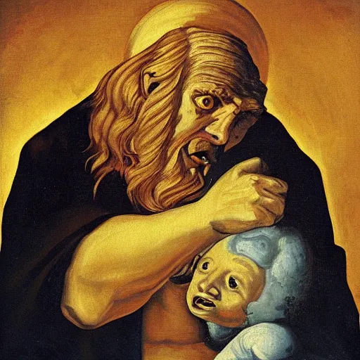 Prompt: saturn devouring his son, painting reproduction