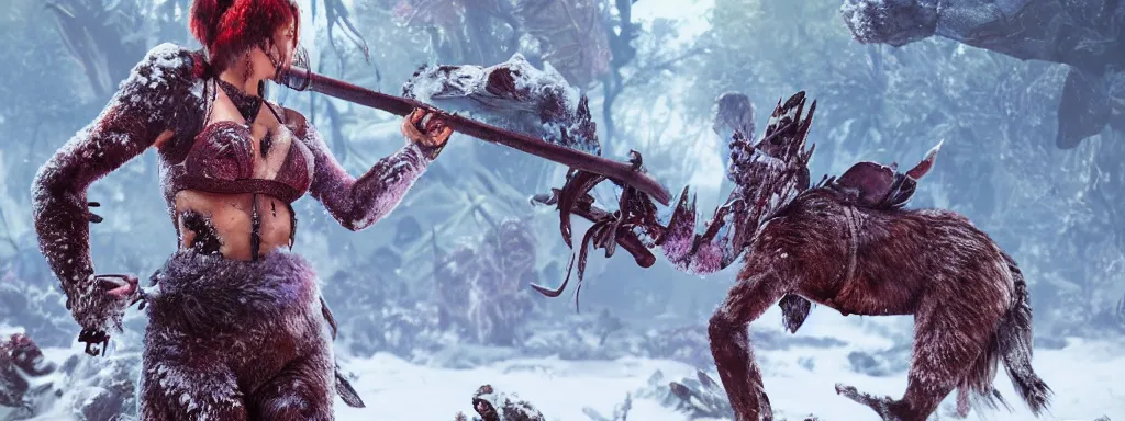 Image similar to athletic muscular explorer woman walking in animal fur armour, crop top midriff, walking in a dense alien snow covered frosty jungle, with snow covered colourful red, blue and purple plants, large vines, snow covered arched organic rock structures, in the style of monster hunter world, like concept art on artstation, hyperdetailed, vray render, octane render,