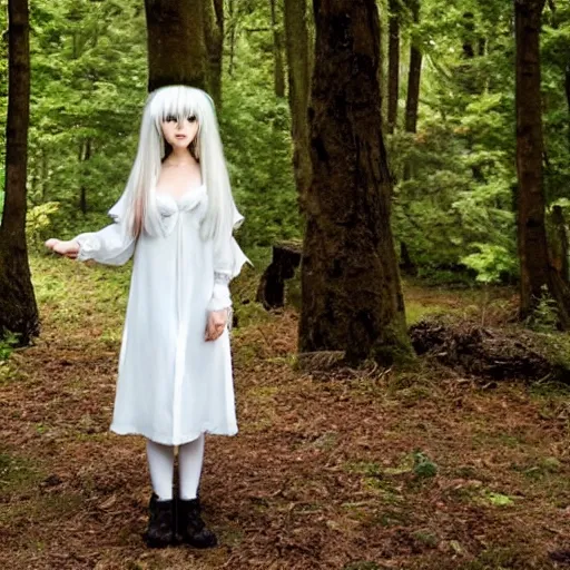 Image similar to a cute white long haired anime foxgirl, in a forest