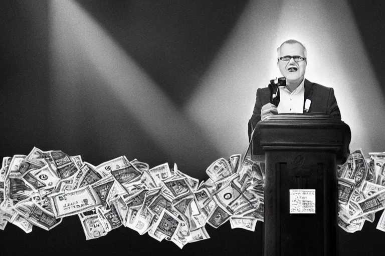 Prompt: Scott Morrison preaching as a televangelist in church, dramatic lighting, god rays, surrounded by piles of cash, ultra detail, black and white photograph