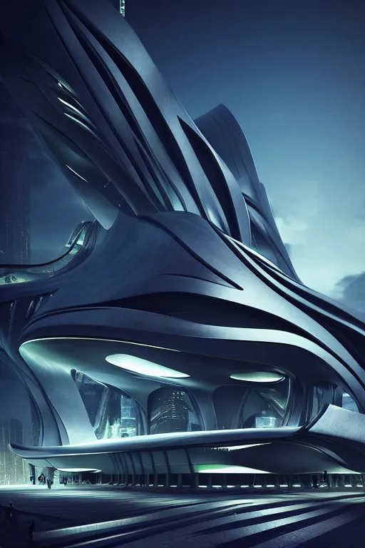 Image similar to a futuristic scene in front of a zaha hadid building, cinematic matte painting, extreme detail photo quality, dark moody colors, featured on behance