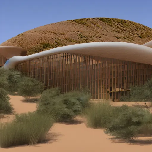 Prompt: architectural rendering, full size view of biophilia building in the desert, biomimetry