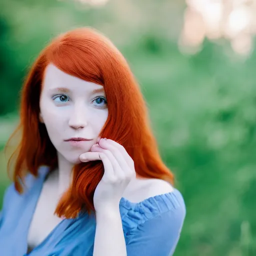 Image similar to Portrait of a young redhead lady with a flower, Canon EOS R3, f/1.4, ISO 200, 1/160s, 8K, RAW, unedited, symmetrical balance, in-frame