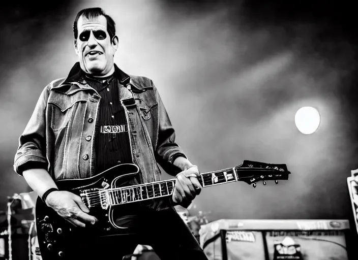 Prompt: photo still of herman munster on stage at vans warped tour!!!!!!!! at age 3 3 years old 3 3 years of age!!!!!!!! shredding on guitar, 8 k, 8 5 mm f 1. 8, studio lighting, rim light, right side key light