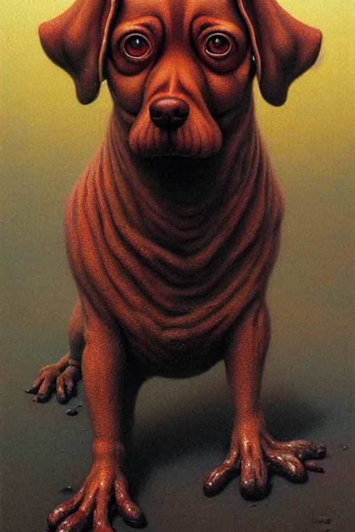 Image similar to painting of a very cute dog, dog is made of baked beans, baked bean skin texture, by zdzislaw beksinski, by dariusz zawadzki, by wayne barlowe, gothic, surrealism, cosmic horror, lovecraftian, cold hue's, warm tone gradient background, concept art, beautiful composition