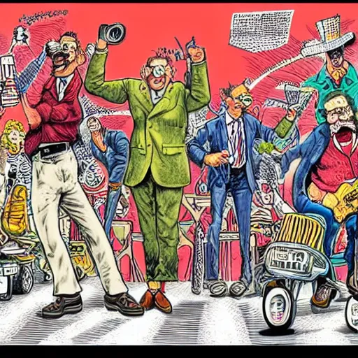 Image similar to The Artwork of R. Crumb and his Cheap Suit Rockers, pencil and colored marker artwork, trailer-trash lifestyle