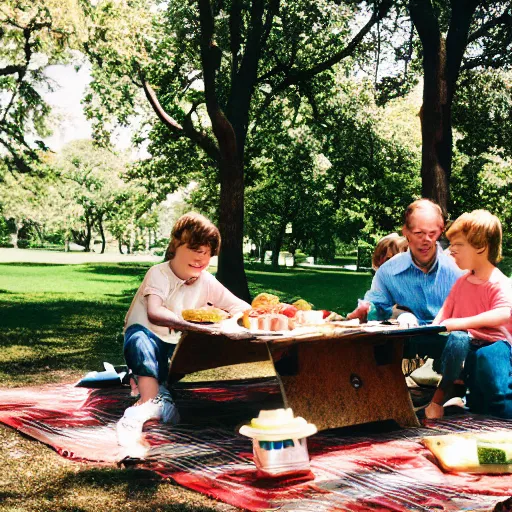 Image similar to A family having a picnic in park from the perspective of an ant on the table - 35mm